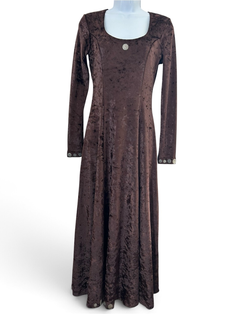 Vintage 90s Women's Brown Velvet Long Sleeve Maxi Dress S/M Witchy Boho